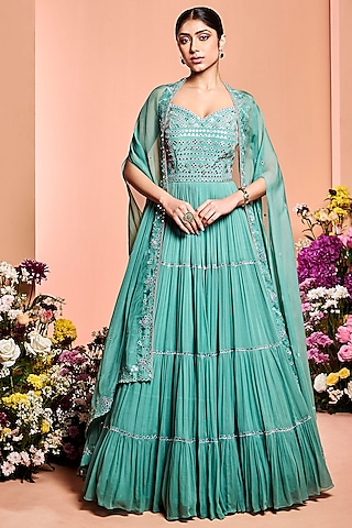 Aqua Blue Embroidered Tiered Anarkali Set by NIAMH by Kriti