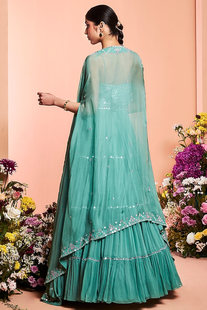 Aqua Blue Embroidered Tiered Wedding Anarkali Set by NIAMH by Kriti at Pernia's Pop Up Shop
