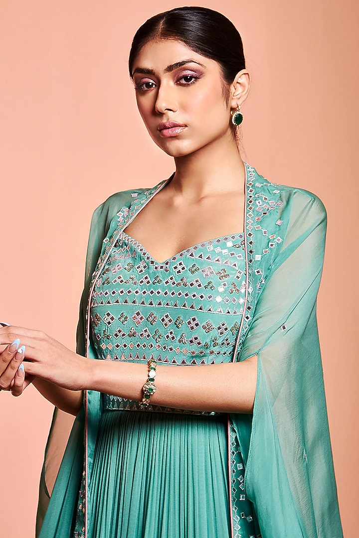 Aqua Blue Embroidered Tiered Wedding Anarkali Set by NIAMH by Kriti at Pernia's Pop Up Shop