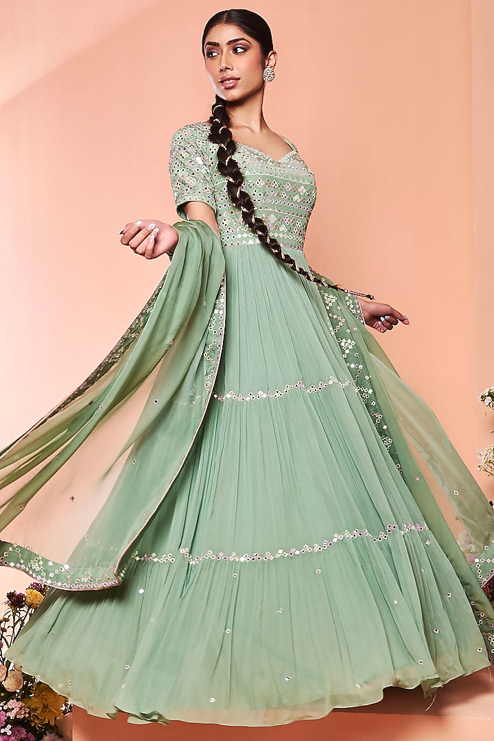 Frost Green Embroidered Anarkali Set by NIAMH by Kriti