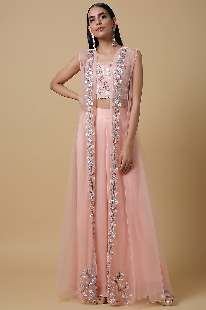 Salmon Pink Palazzo Pant Set With Embroidered Cape by NIAMH by Kriti at Pernia's Pop Up Shop