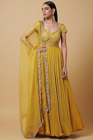 Mustard Yellow Embroidered Anarkali Set by NIAMH by Kriti