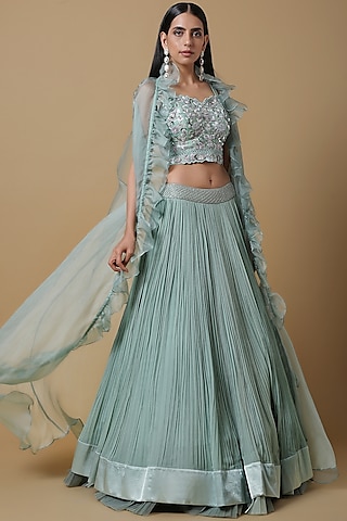 Sage Green Embroidered Lehenga Set by NIAMH by Kriti