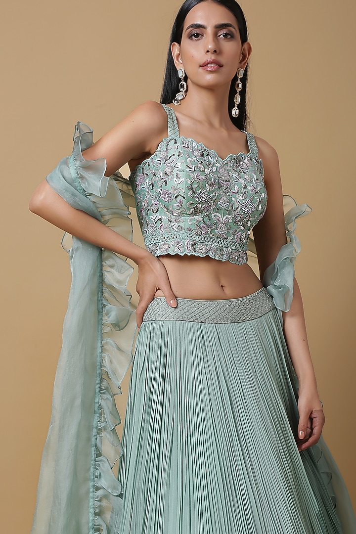 Sage Green Embroidered Wedding Lehenga Set by NIAMH by Kriti at Pernia's Pop Up Shop