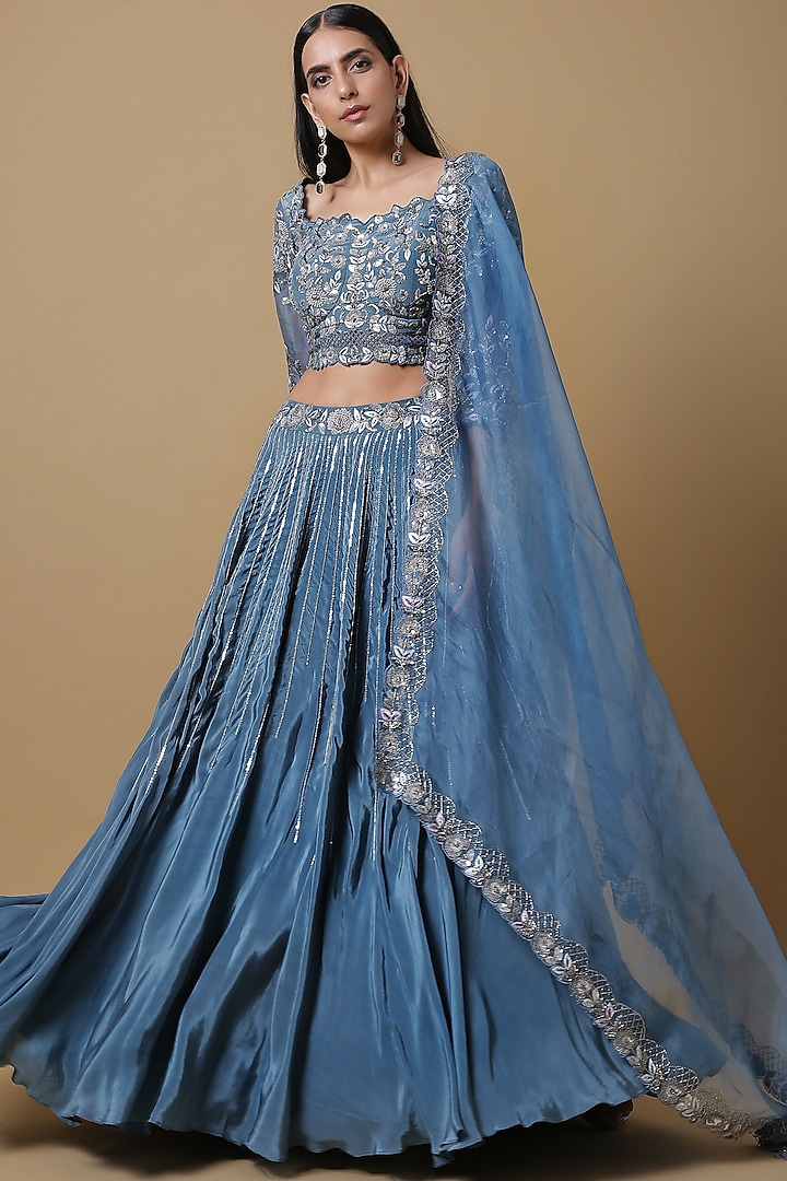 Yale Blue Embroidered Lehenga Set by NIAMH by Kriti
