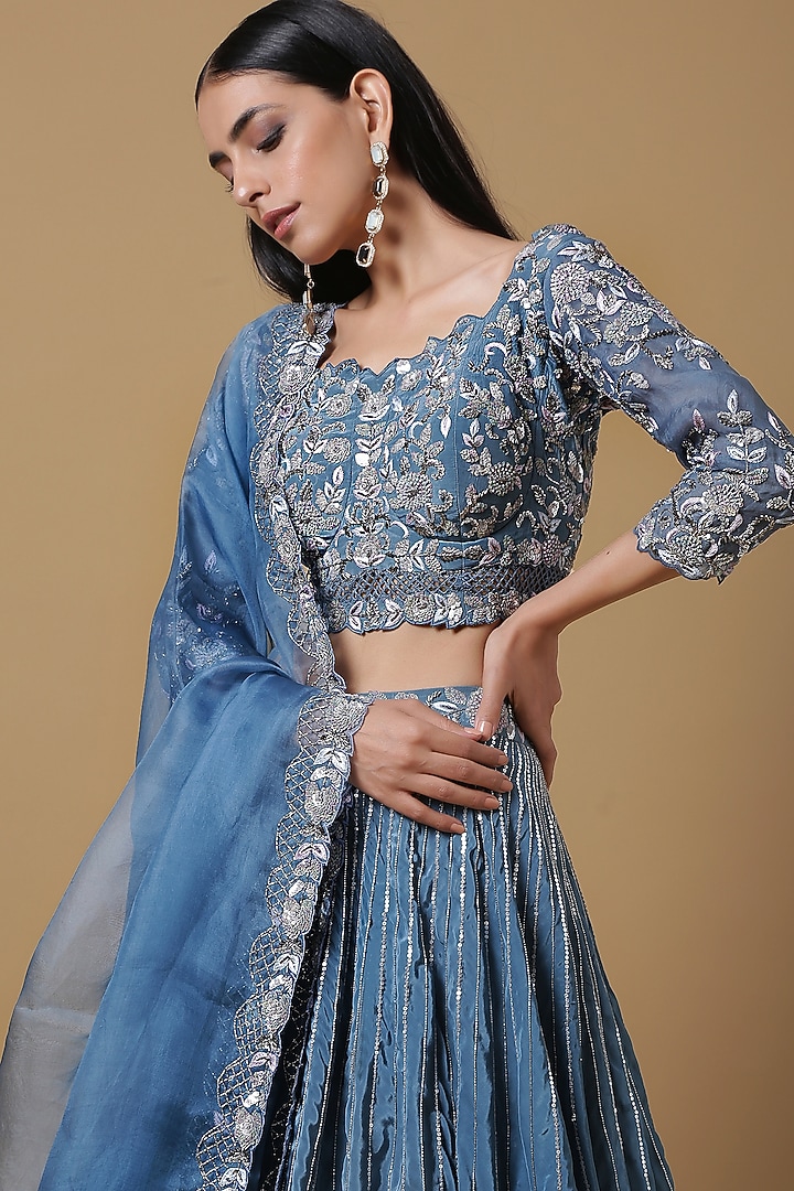 Yale Blue Embroidered Wedding Lehenga Set by NIAMH by Kriti at Pernia's Pop Up Shop