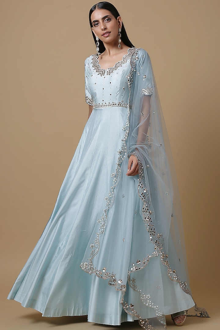 Dove Blue Embroidered Wedding Anarkali Set by NIAMH by Kriti at Pernia's Pop Up Shop