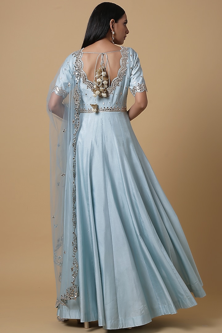 Dove Blue Embroidered Wedding Anarkali Set by NIAMH by Kriti at Pernia's Pop Up Shop