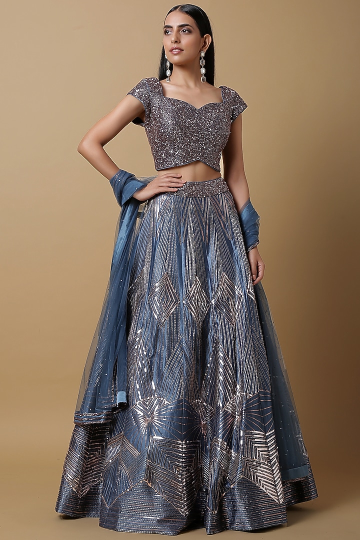 Teal Blue Satin Silk Sequins Embroidered Flared Wedding Lehenga Set by NIAMH by Kriti at Pernia's Pop Up Shop