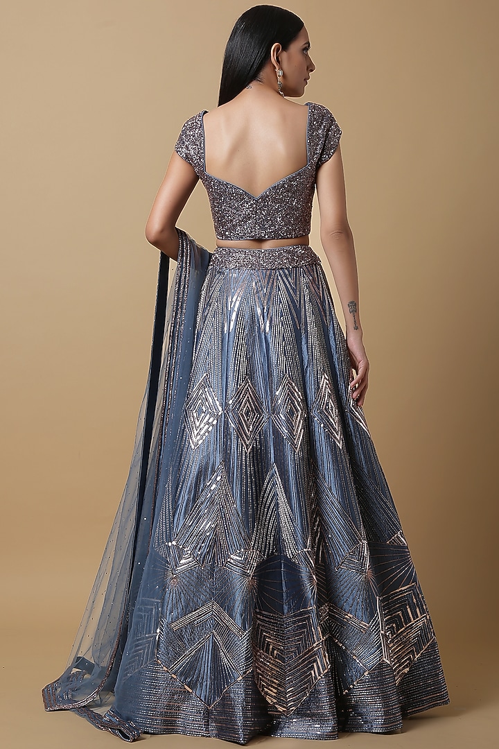 Teal Blue Satin Silk Sequins Embroidered Flared Wedding Lehenga Set by NIAMH by Kriti at Pernia's Pop Up Shop