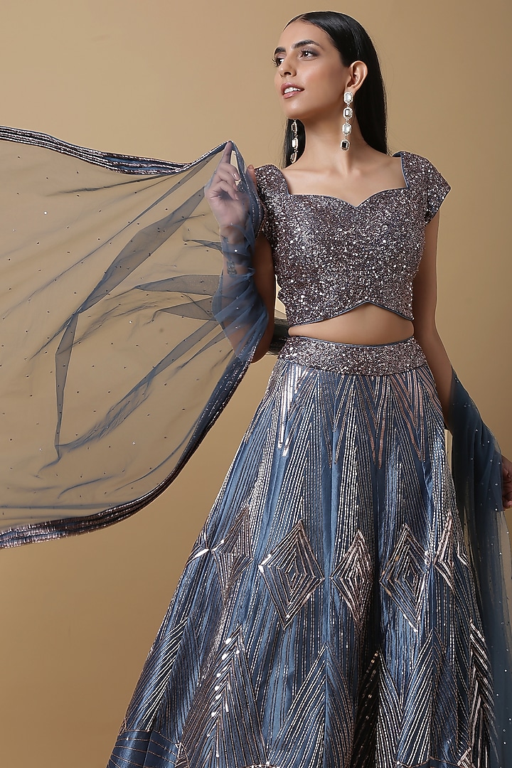 Teal Blue Satin Silk Sequins Embroidered Flared Wedding Lehenga Set by NIAMH by Kriti at Pernia's Pop Up Shop