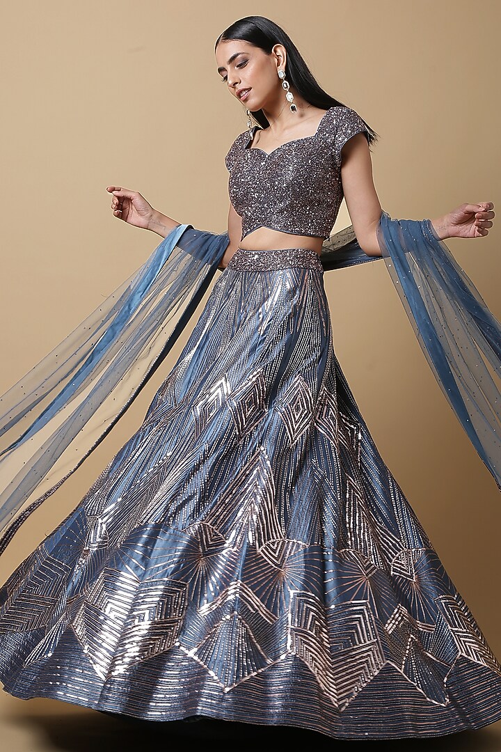 Teal Blue Satin Silk Sequins Embroidered Flared Wedding Lehenga Set by NIAMH by Kriti at Pernia's Pop Up Shop