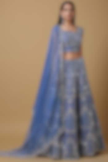 Sapphire Blue Silk Organza & Satin Silk Sequins Embroidered Flared Wedding Lehenga Set by NIAMH by Kriti at Pernia's Pop Up Shop