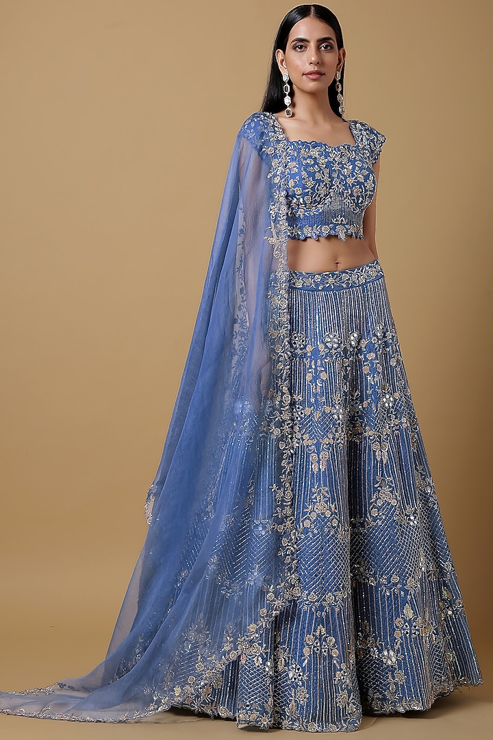 Sapphire Blue Silk Organza & Satin Silk Sequins Embroidered Flared Wedding Lehenga Set by NIAMH by Kriti at Pernia's Pop Up Shop