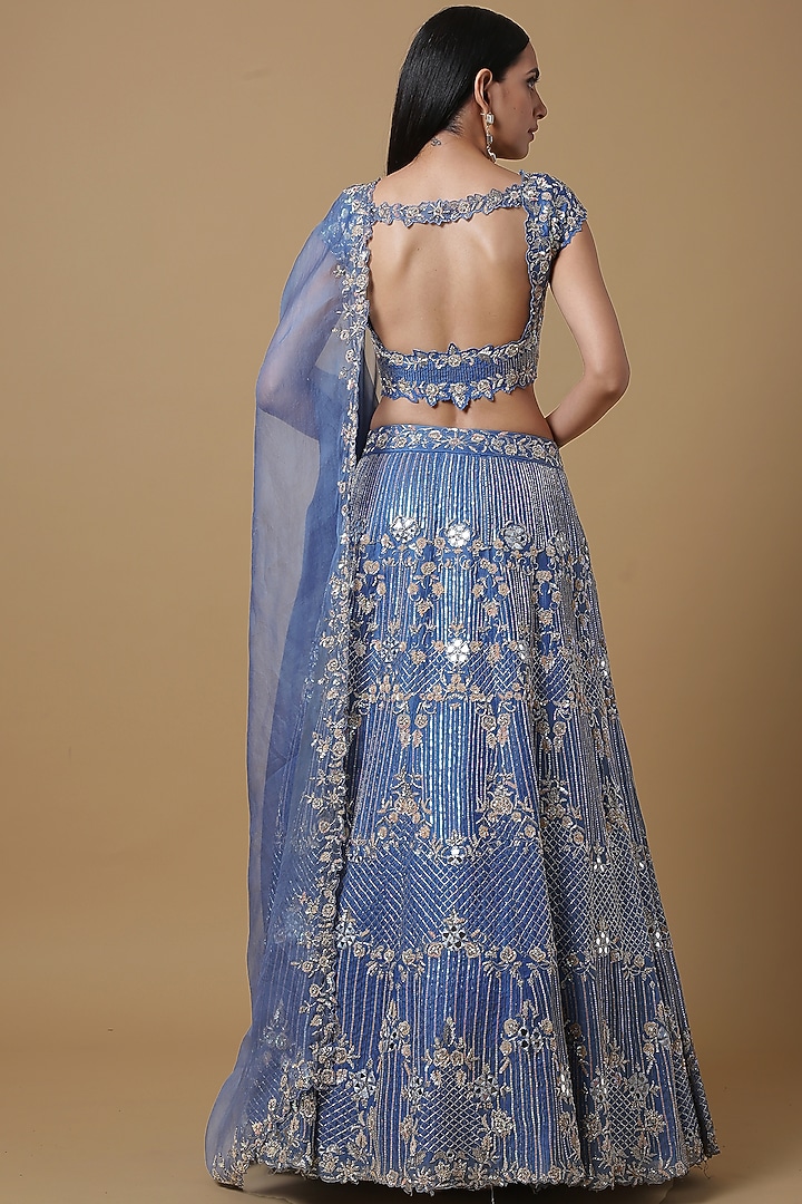 Sapphire Blue Silk Organza & Satin Silk Sequins Embroidered Flared Wedding Lehenga Set by NIAMH by Kriti at Pernia's Pop Up Shop