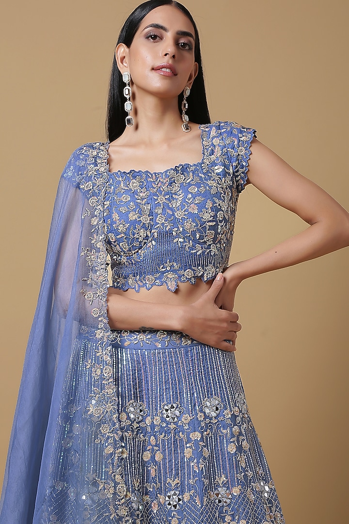Sapphire Blue Silk Organza & Satin Silk Sequins Embroidered Flared Wedding Lehenga Set by NIAMH by Kriti at Pernia's Pop Up Shop