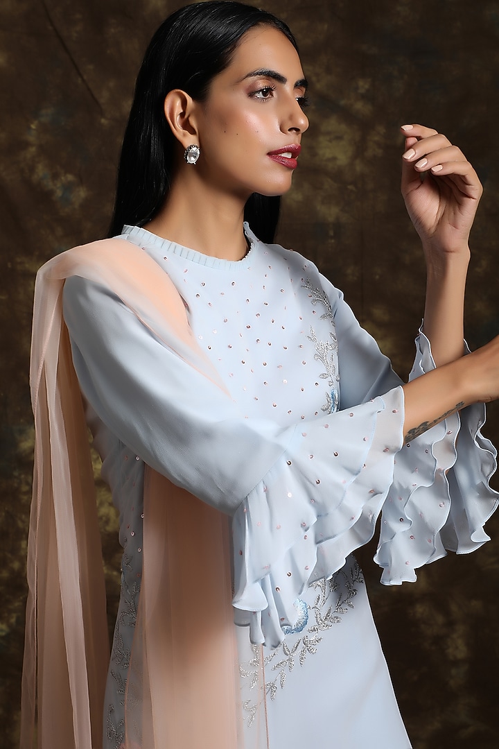 Powder Blue & Peach Embroidered Wedding Sharara Set by NIAMH by Kriti at Pernia's Pop Up Shop