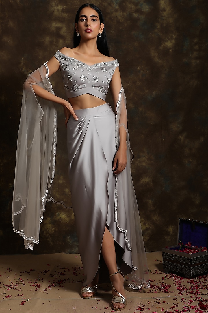 Silver Grey Skirt Set With Embroidered Cape by NIAMH by Kriti