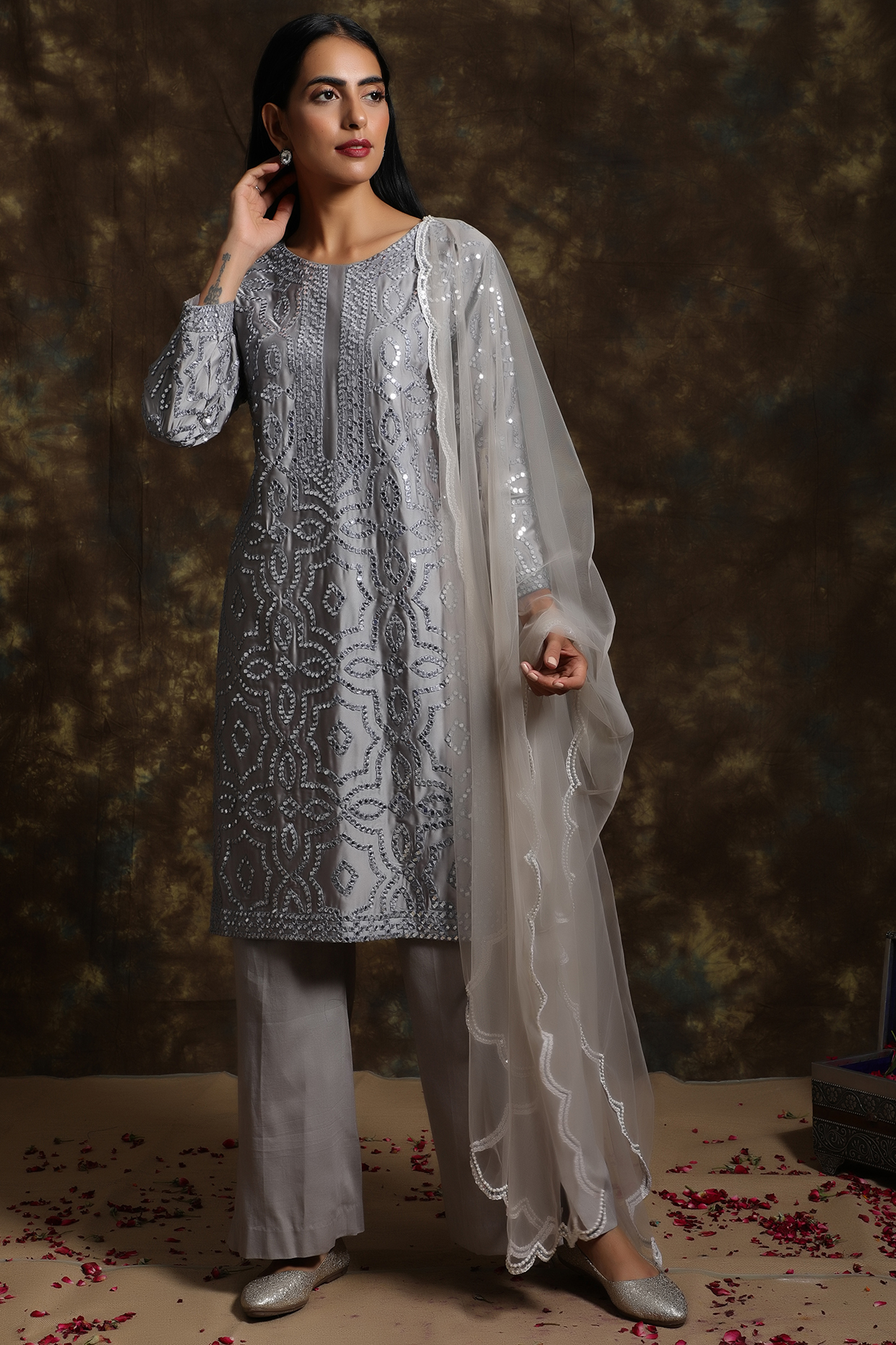 Silver Grey Embroidered Kurta Set by NIAMH by Kriti at Pernia's Pop Up Shop