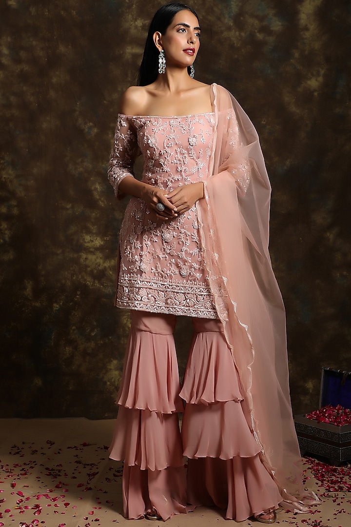 Peach Pink Embroidered Sharara Set by NIAMH by Kriti