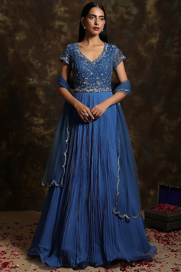 Royal Blue Embroidered Anarkali Set by NIAMH by Kriti