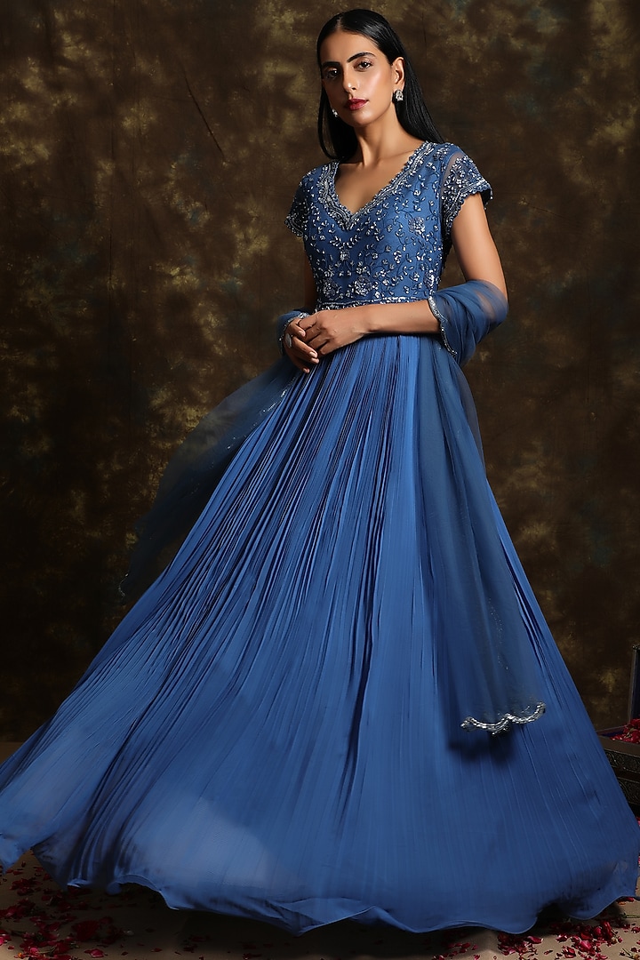Royal Blue Embroidered Wedding Anarkali Set by NIAMH by Kriti at Pernia's Pop Up Shop