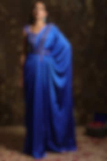 Royal Blue Saree Set With Embroidered Blouse by NIAMH by Kriti