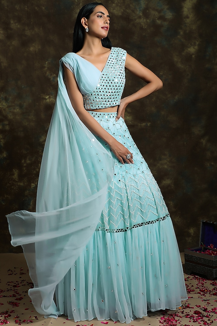 Ice Blue Embroidered Lehenga Set by NIAMH by Kriti