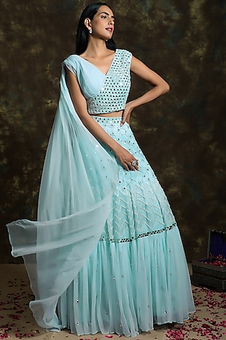 Ice Blue Embroidered Lehenga Set by NIAMH by Kriti