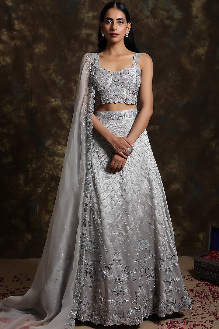 Silver Grey Embroidered Lehenga Set Design by NIAMH by Kriti at Pernia ...