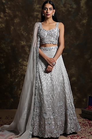 Silver Grey Embroidered Lehenga Set by NIAMH by Kriti
