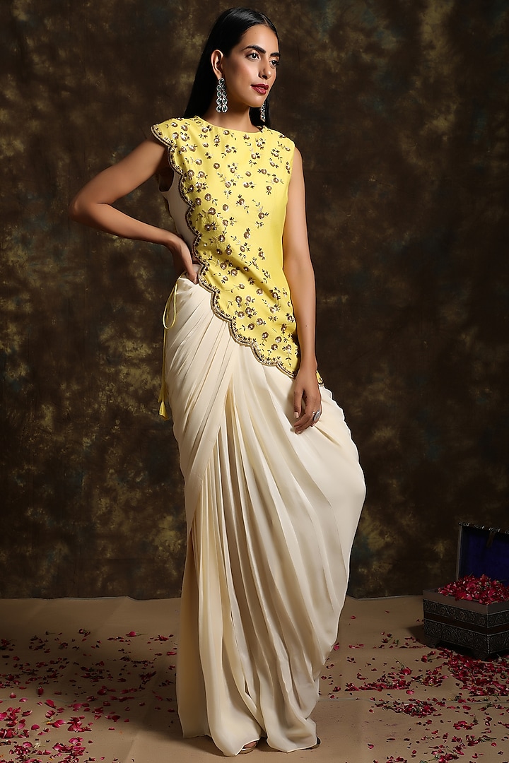 Cream White & Lemon Yellow Embroidered Jacket Set by NIAMH by Kriti at Pernia's Pop Up Shop