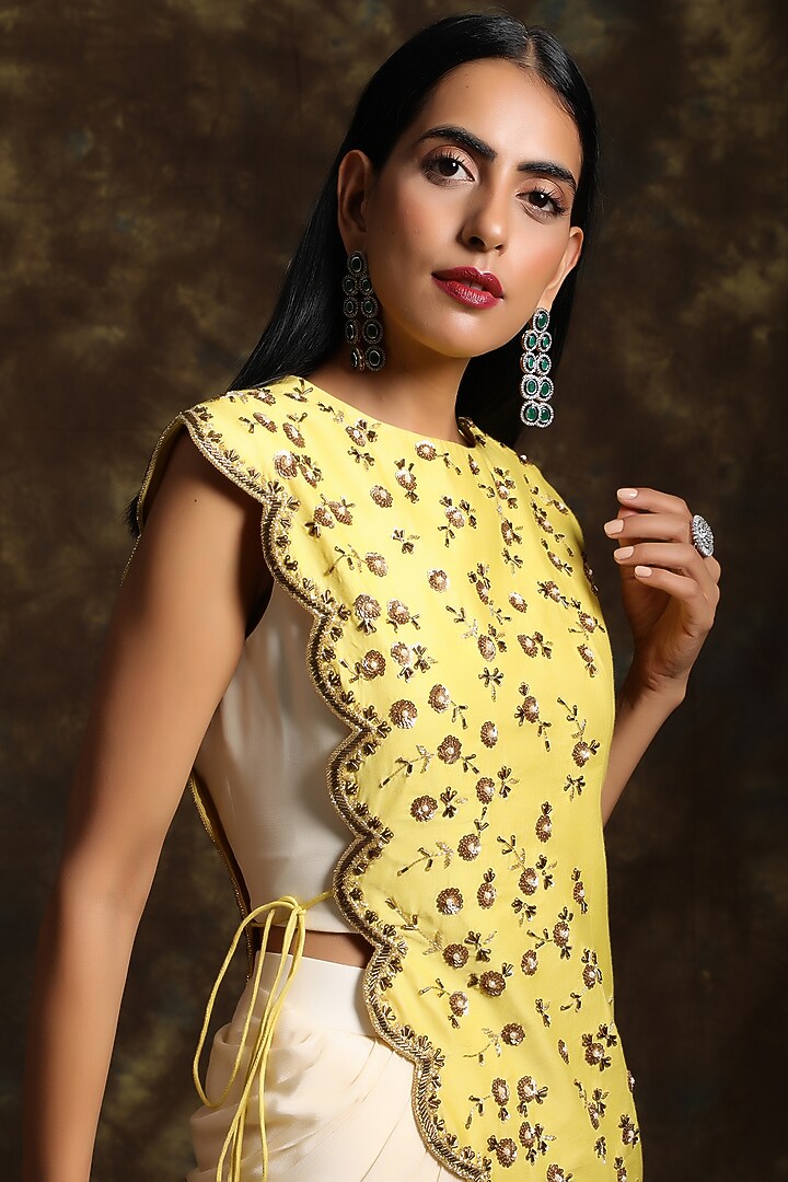 Cream White & Lemon Yellow Embroidered Jacket Set by NIAMH by Kriti at Pernia's Pop Up Shop