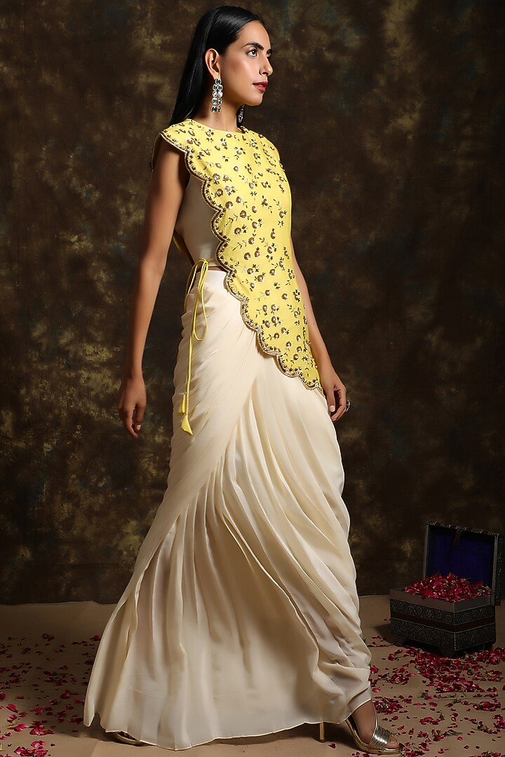 Cream White & Lemon Yellow Embroidered Jacket Set by NIAMH by Kriti at Pernia's Pop Up Shop