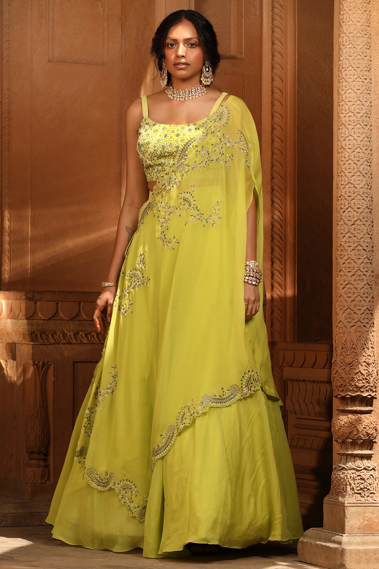 NIAMH by Kriti Lime Green Georgette & Organza Lehenga Set