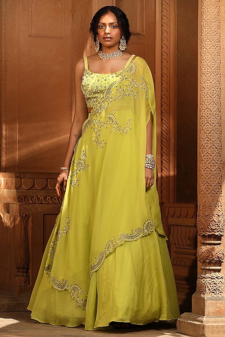 Lime Green Georgette & Organza Wedding Lehenga Set by NIAMH by Kriti at Pernia's Pop Up Shop
