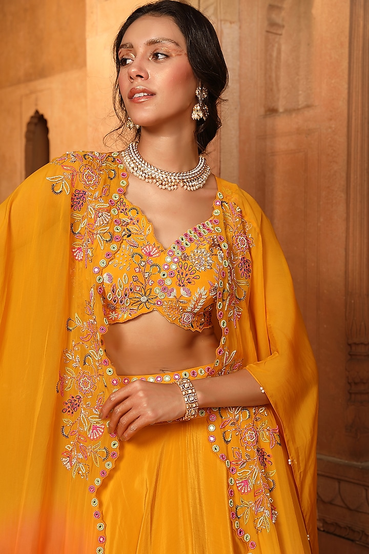 Mango Orange Crepe Dabka Embroidered Jacket Wedding Lehenga Set by NIAMH by Kriti at Pernia's Pop Up Shop