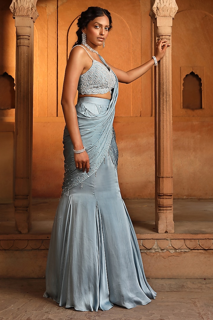 Pastel Blue Silk Crepe Gown Saree Set by NIAMH by Kriti at Pernia s Pop Up Shop 2024