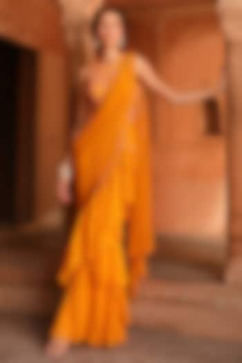 Orange Georgette & Organza Ruffled Pre-Draped Wedding Saree Set by NIAMH by Kriti at Pernia's Pop Up Shop