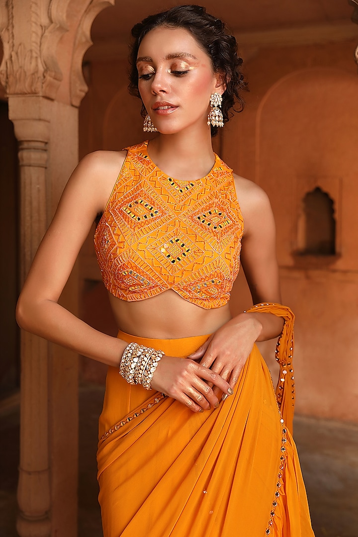 Orange Georgette & Organza Ruffled Pre-Draped Wedding Saree Set by NIAMH by Kriti at Pernia's Pop Up Shop