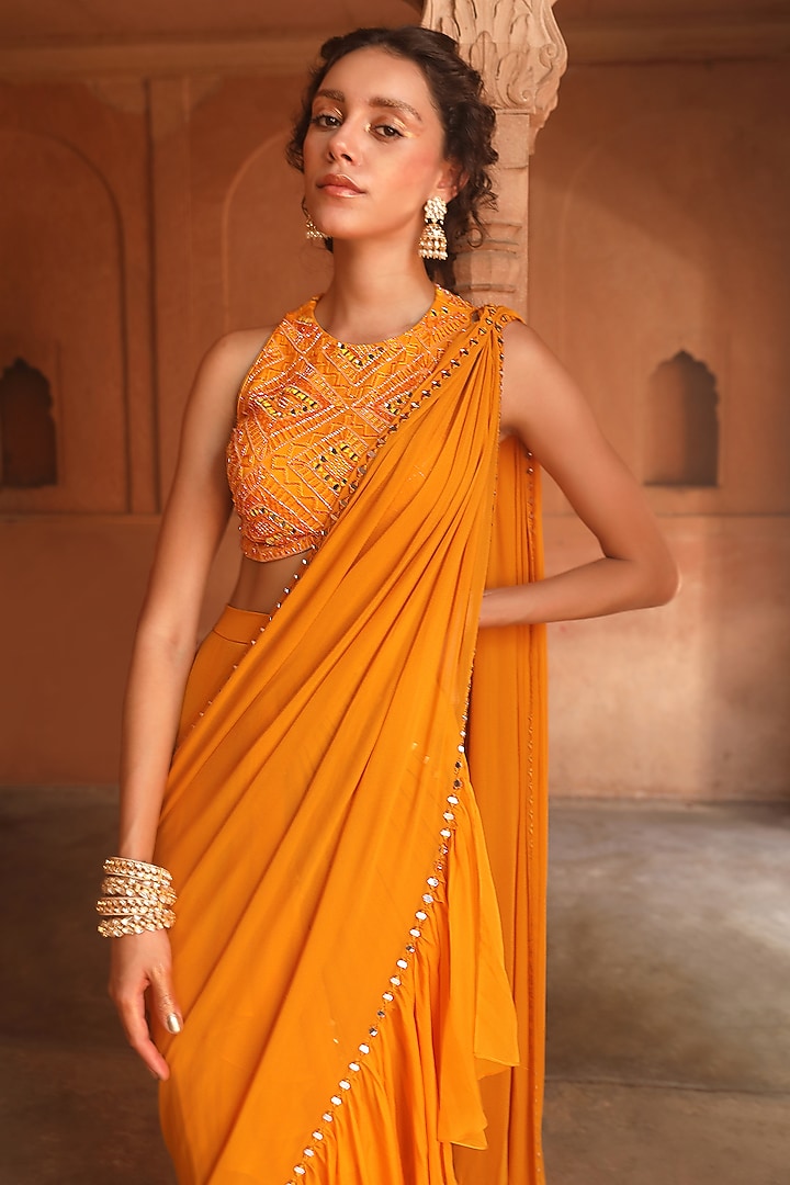 Orange Georgette & Organza Ruffled Pre-Draped Wedding Saree Set by NIAMH by Kriti at Pernia's Pop Up Shop