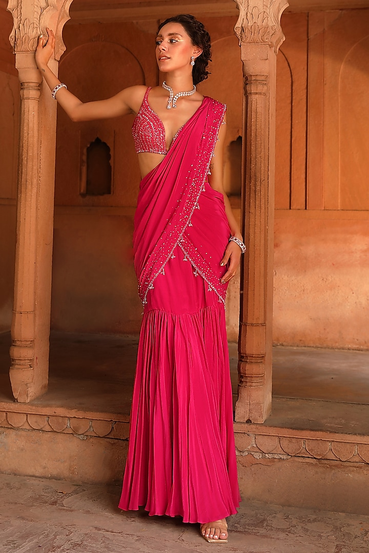 Pink Silk Crepe Pre-Draped Wedding Saree Set by NIAMH by Kriti at Pernia's Pop Up Shop