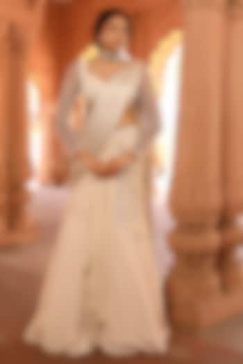 Ivory Silk Crepe Sequins Embellished Wedding Lehenga Saree Set by NIAMH by Kriti at Pernia's Pop Up Shop