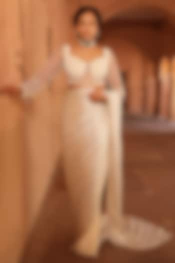Ivory Silk Crepe Pre-Draped Wedding Saree Set by NIAMH by Kriti at Pernia's Pop Up Shop