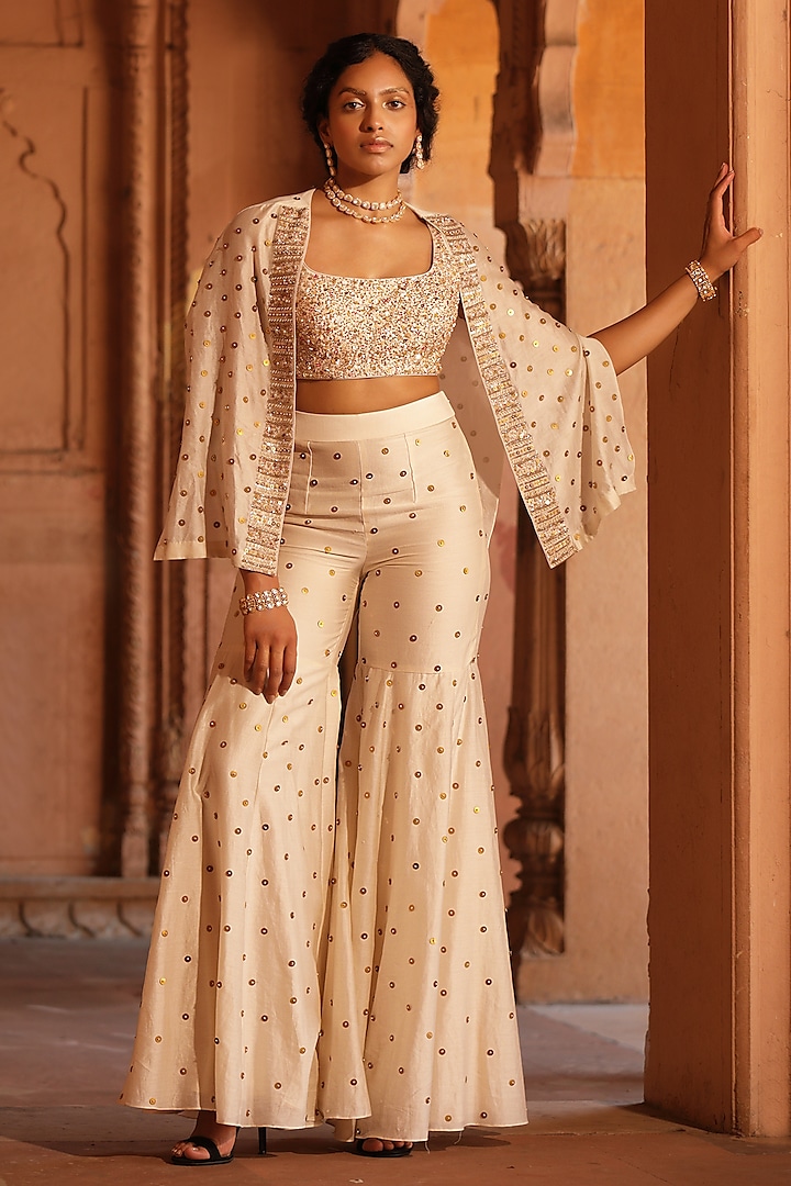 Ivory Chanderi Silk Sequins Embellished Gharara Set by NIAMH by Kriti at Pernia's Pop Up Shop