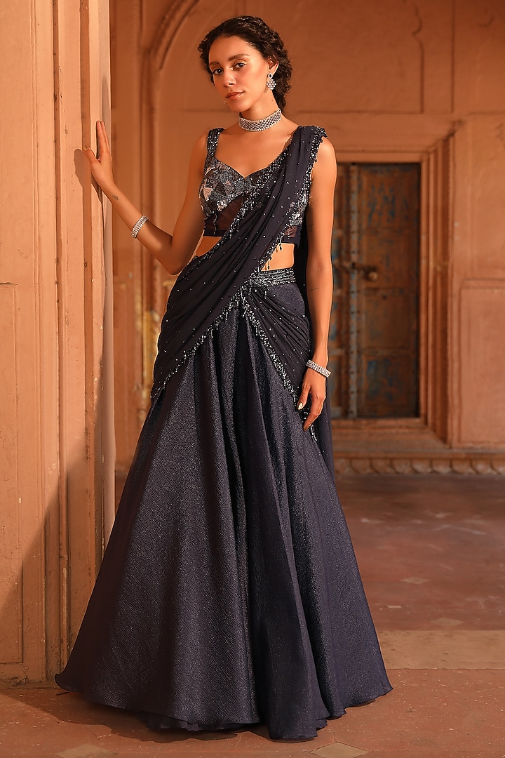 Midnight Blue Silk Organza Draped Wedding Lehenga Saree Set by NIAMH by Kriti at Pernia's Pop Up Shop
