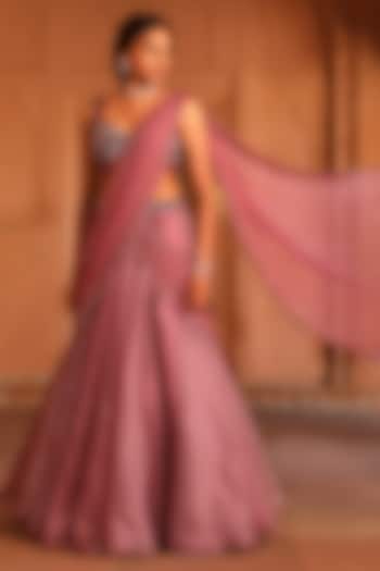 Wine Silk Organza Draped Wedding Lehenga Saree Set by NIAMH by Kriti at Pernia's Pop Up Shop