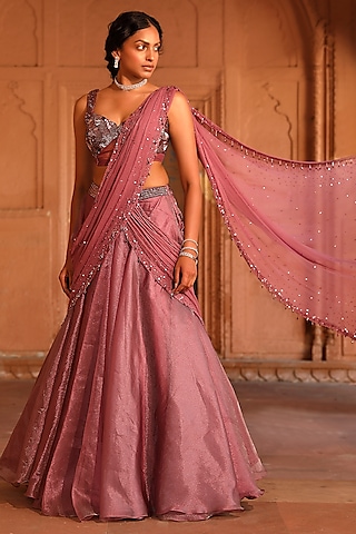 Wine Silk Organza Draped Lehenga Saree Set by NIAMH by Kriti