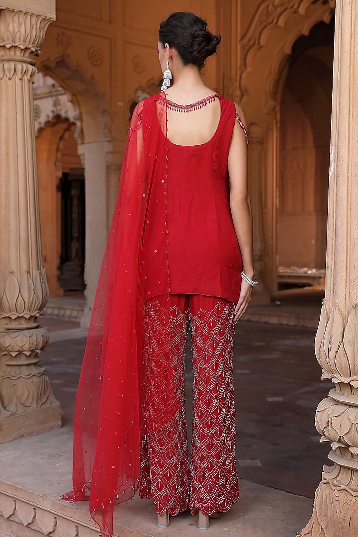 Red Organza Sequins Hand Embroidered Kurta Set by NIAMH by Kriti at Pernia's Pop Up Shop