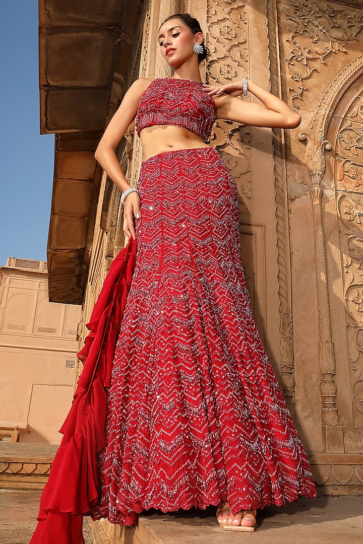 Red Organza Glass Beads Embroidered Bridal lehenga for 22 Lehenga Set by NIAMH by Kriti at Pernia's Pop Up Shop
